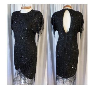 Vintage Laurence Kazar Silk Dress Black Fringe M